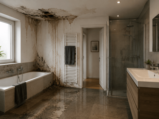 Wasserschaden im Badezimmer – durchnässte Decke und Wand