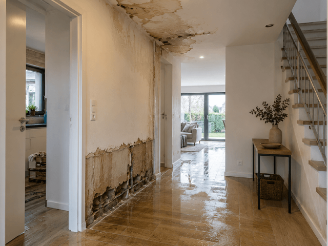 Wasserschaden im Einfamilienhaus – beschädigte Wand im Flur