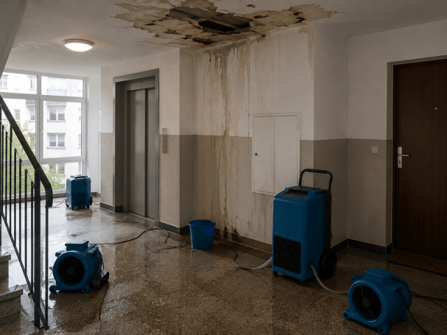 Wasserschaden im Mehrfamilienhaus – Trocknungsgeräte im Treppenhaus