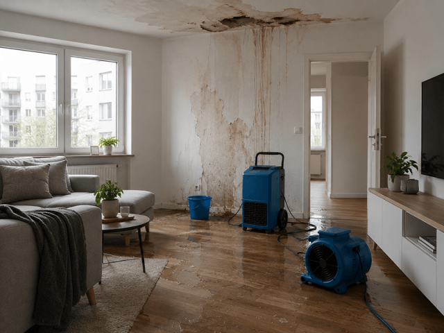 Wasserschaden in der Wohnung – Trocknungsgeräte im Wohnzimmer