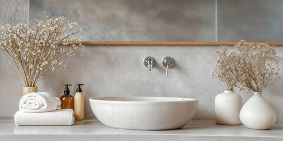 Badumbau – gestaltetes Waschbecken mit Naturdeko