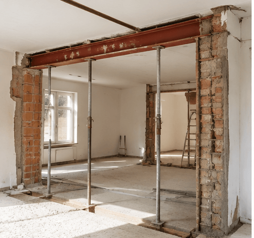 Wohn-/Essbereiche – Wanddurchbruch mit Stahlträger im Rohbau